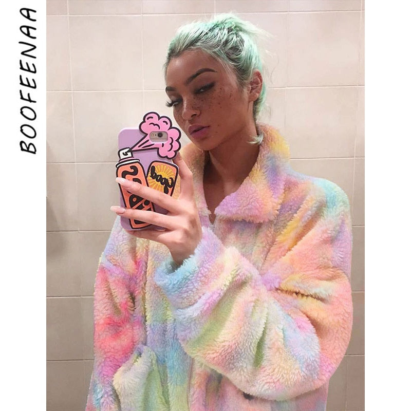 BOOFEENAA Winter Rainbow Tie Dye Teddy Coats and Jackets Women Streetwear Faux Fur Polar Fleece Plush Oversized Hoodie C67-AF51