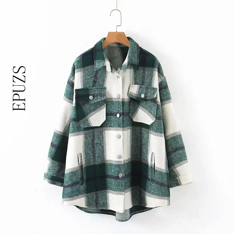 Autumn winter green plaid jacket and coat Fashion button long sleeve coat casual office warm outwear oversized ladies jackets