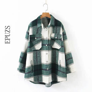 Autumn winter green plaid jacket and coat Fashion button long sleeve coat casual office warm outwear oversized ladies jackets