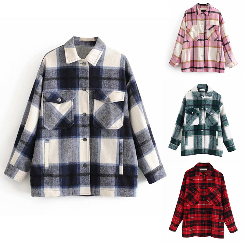 Plaid Overshirt Wool Blend Jacket Check Lapel Collar Long Sleeve Coat Women Oversized Pockets With Flaps Button Jackets Tops