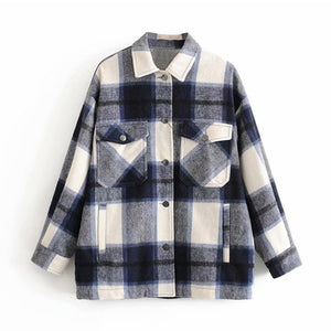 Plaid Overshirt Wool Blend Jacket Check Lapel Collar Long Sleeve Coat Women Oversized Pockets With Flaps Button Jackets Tops