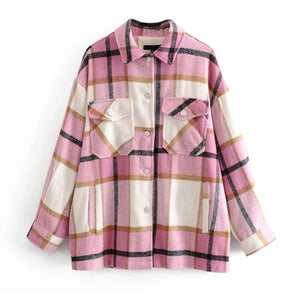 Plaid Overshirt Wool Blend Jacket Check Lapel Collar Long Sleeve Coat Women Oversized Pockets With Flaps Button Jackets Tops