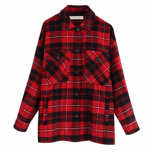 Plaid Overshirt Wool Blend Jacket Check Lapel Collar Long Sleeve Coat Women Oversized Pockets With Flaps Button Jackets Tops