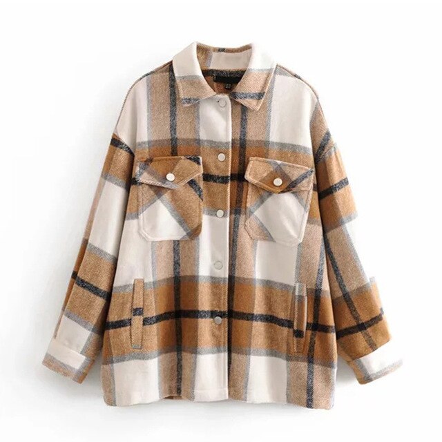 Plaid Overshirt Wool Blend Jacket Check Lapel Collar Long Sleeve Coat Women Oversized Pockets With Flaps Button Jackets Tops