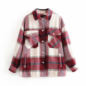 Plaid Overshirt Wool Blend Jacket Check Lapel Collar Long Sleeve Coat Women Oversized Pockets With Flaps Button Jackets Tops