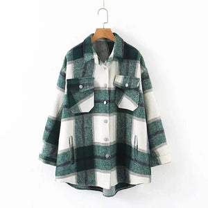 Autumn winter green plaid jacket and coat Fashion button long sleeve coat casual office warm outwear oversized ladies jackets