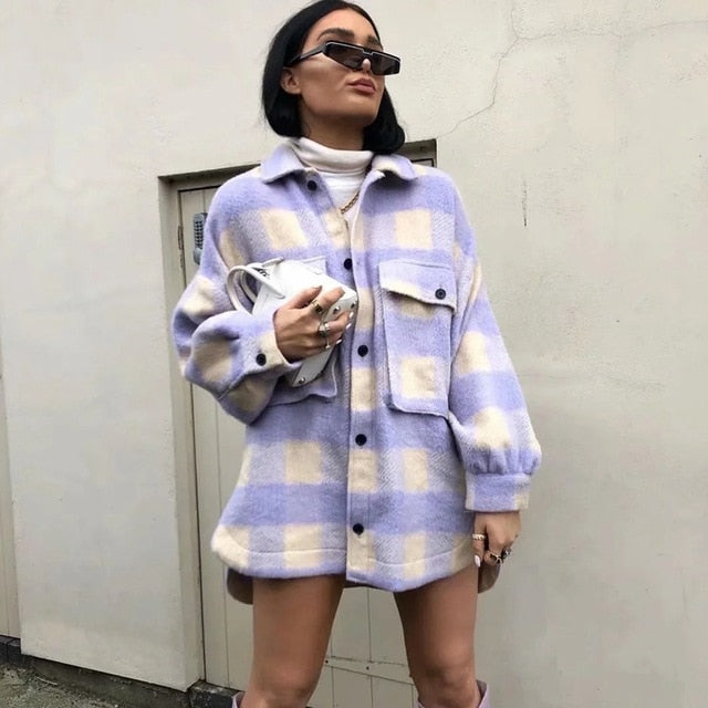 Autumn winter green plaid jacket and coat Fashion button long sleeve coat casual office warm outwear oversized ladies jackets