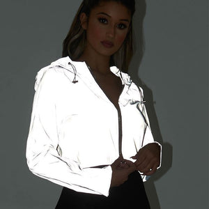 Reflective Jacket Women 2020 Flash Short Hooded Coats Night Glowing Short Jacket Zipper Women Reflective Hooded Jackets