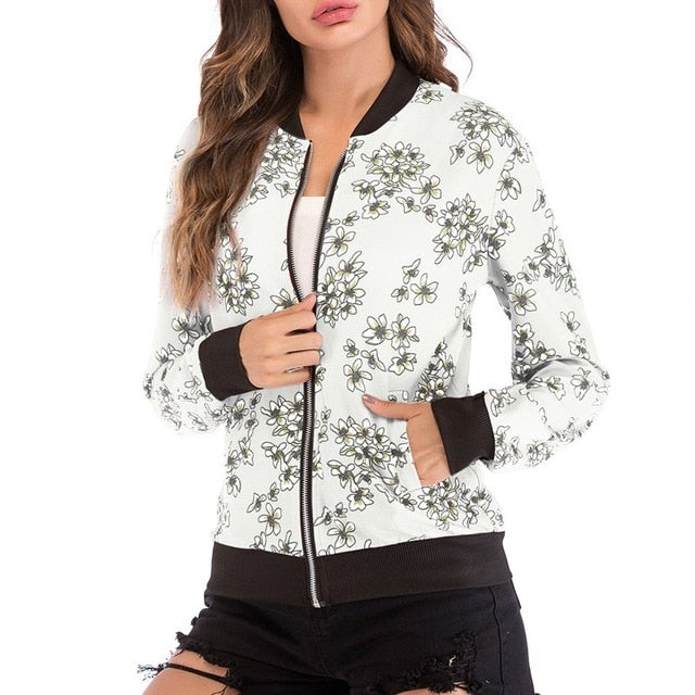 Wuhaobo Fashion Retro Floral Print Women Coat Casual Zipper Up Bomber Jacket Ladies Casual Autumn Outwear Coats Women Clothing