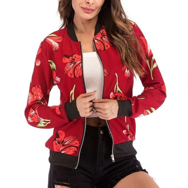 Wuhaobo Fashion Retro Floral Print Women Coat Casual Zipper Up Bomber Jacket Ladies Casual Autumn Outwear Coats Women Clothing