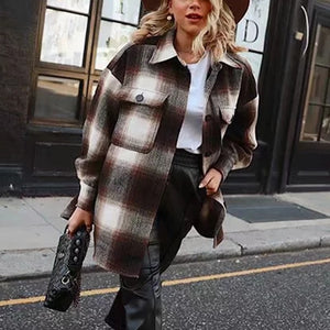 Vintage women 2019 long sleeve woolen coats fashion ladies thick plaid coat female streetwear elegant girls oversize jacket chic