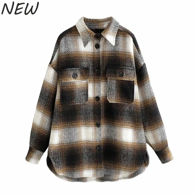 Vintage women 2019 long sleeve woolen coats fashion ladies thick plaid coat female streetwear elegant girls oversize jacket chic