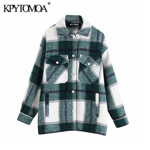 Vintage Stylish Pockets Oversized Plaid Jacket Coat Women 2020 Fashion Lapel Collar Long Sleeve Loose Outerwear Chic Tops